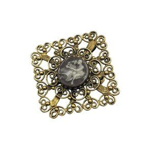 Vintage Faux Cameo Pin Brooch Pendant Scrolls Square Frame Antique Style Pin